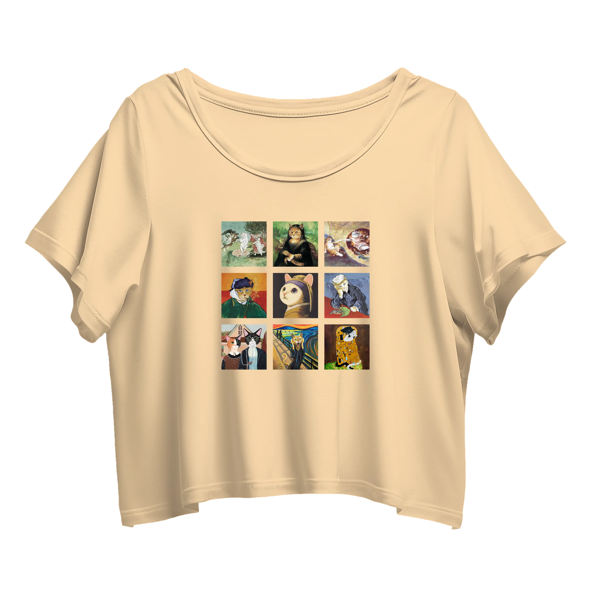 Black crop top with a grid of square images featuring various cats in different poses and expressions.