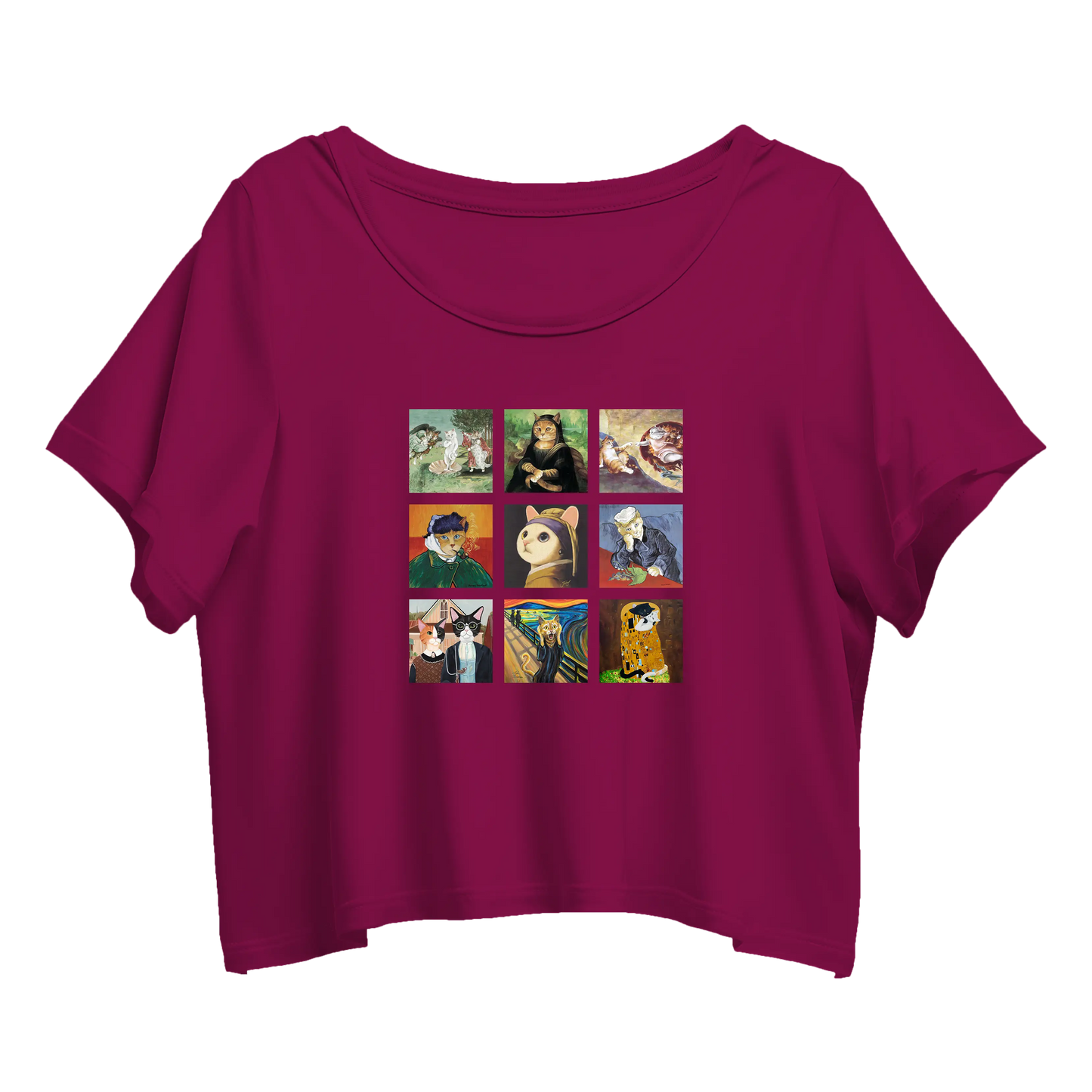 Black crop top with a grid of square images featuring various cats in different poses and expressions.