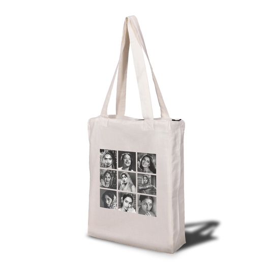 A beige tote bag featuring a zip closure and multiple handles, with a printed photo collage of Bollywood divas on the front.