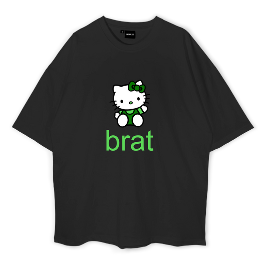 A black oversized t-shirt with a graphic of Hello Kitty wearing a green bow and the text 'brat' printed in green.