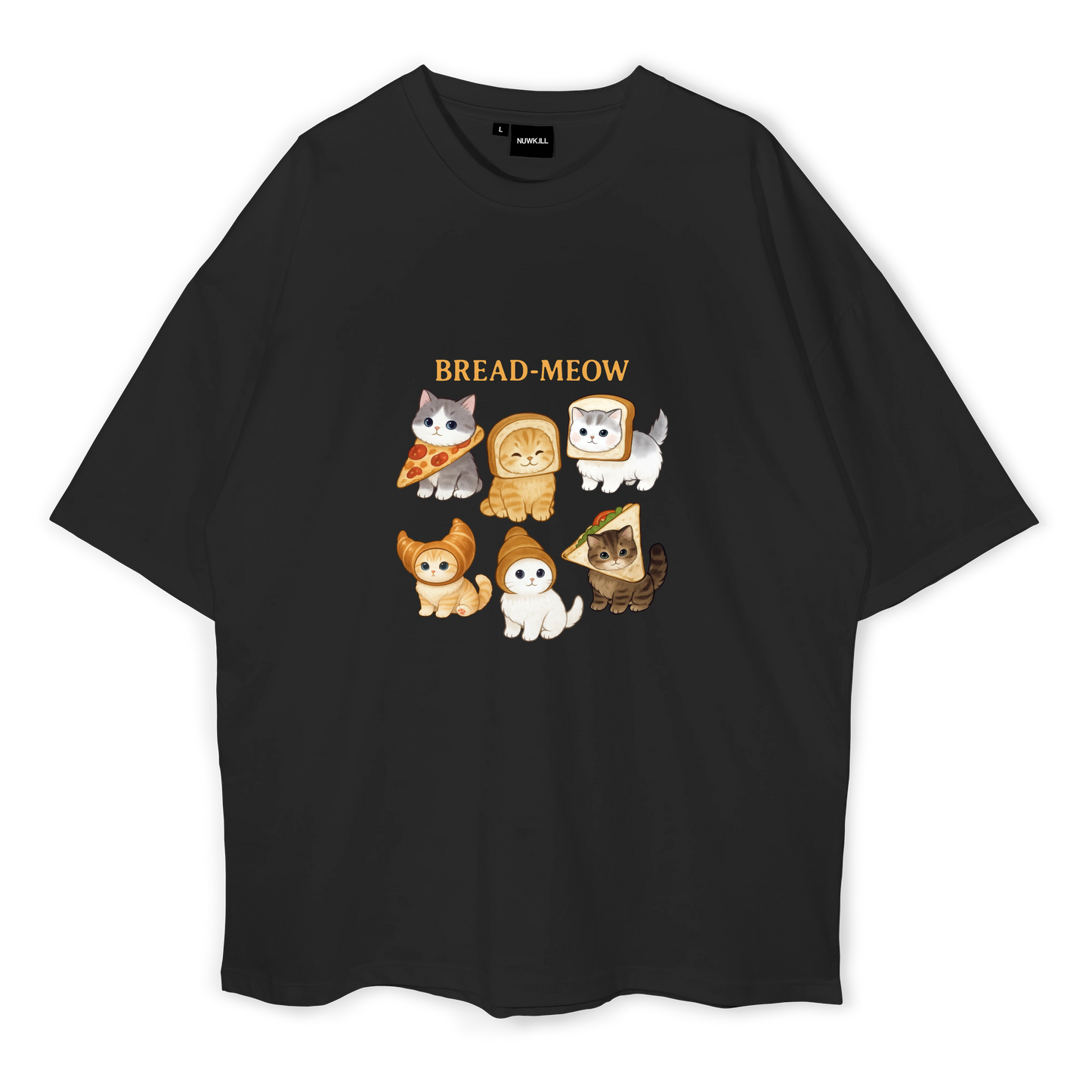 Black t-shirt with 'BREAD-MEOW' graphic design featuring cartoon cats on a white background
