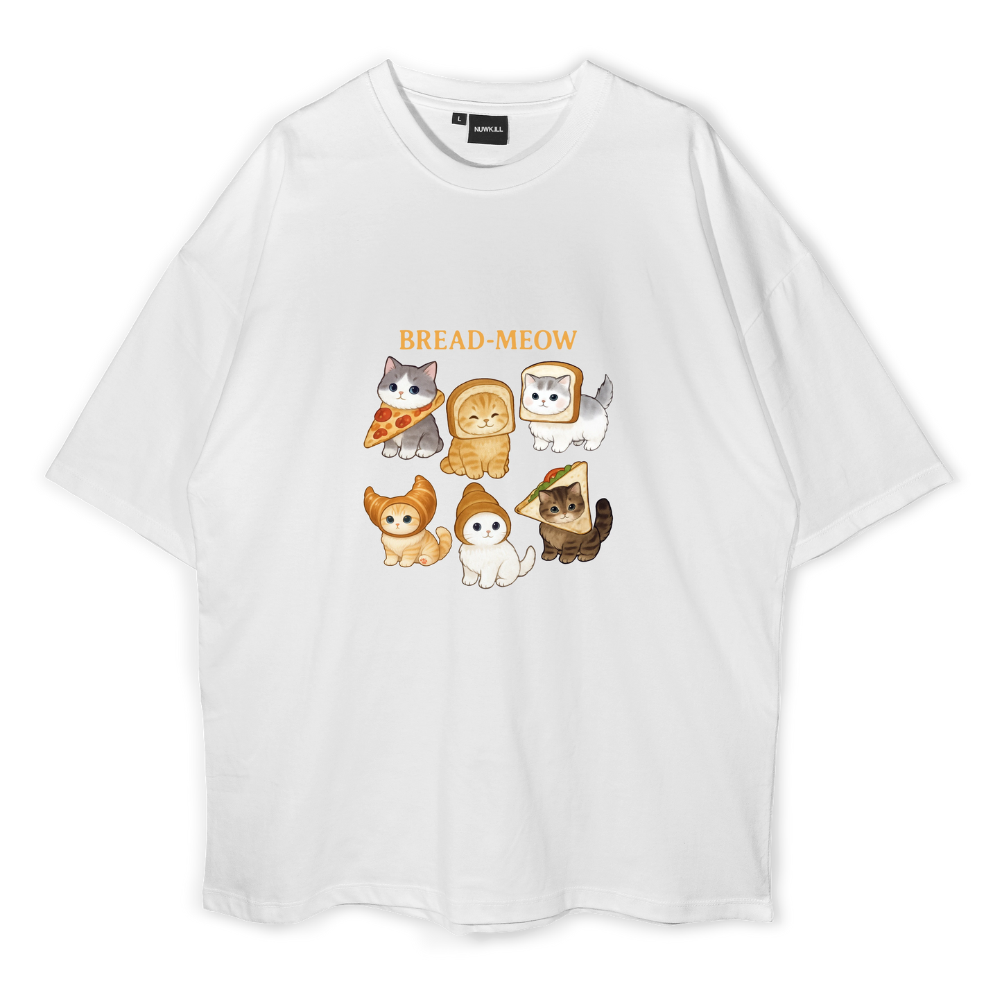 White t-shirt with cartoon cat designs and 'BREAD-MEOW' text on a white background