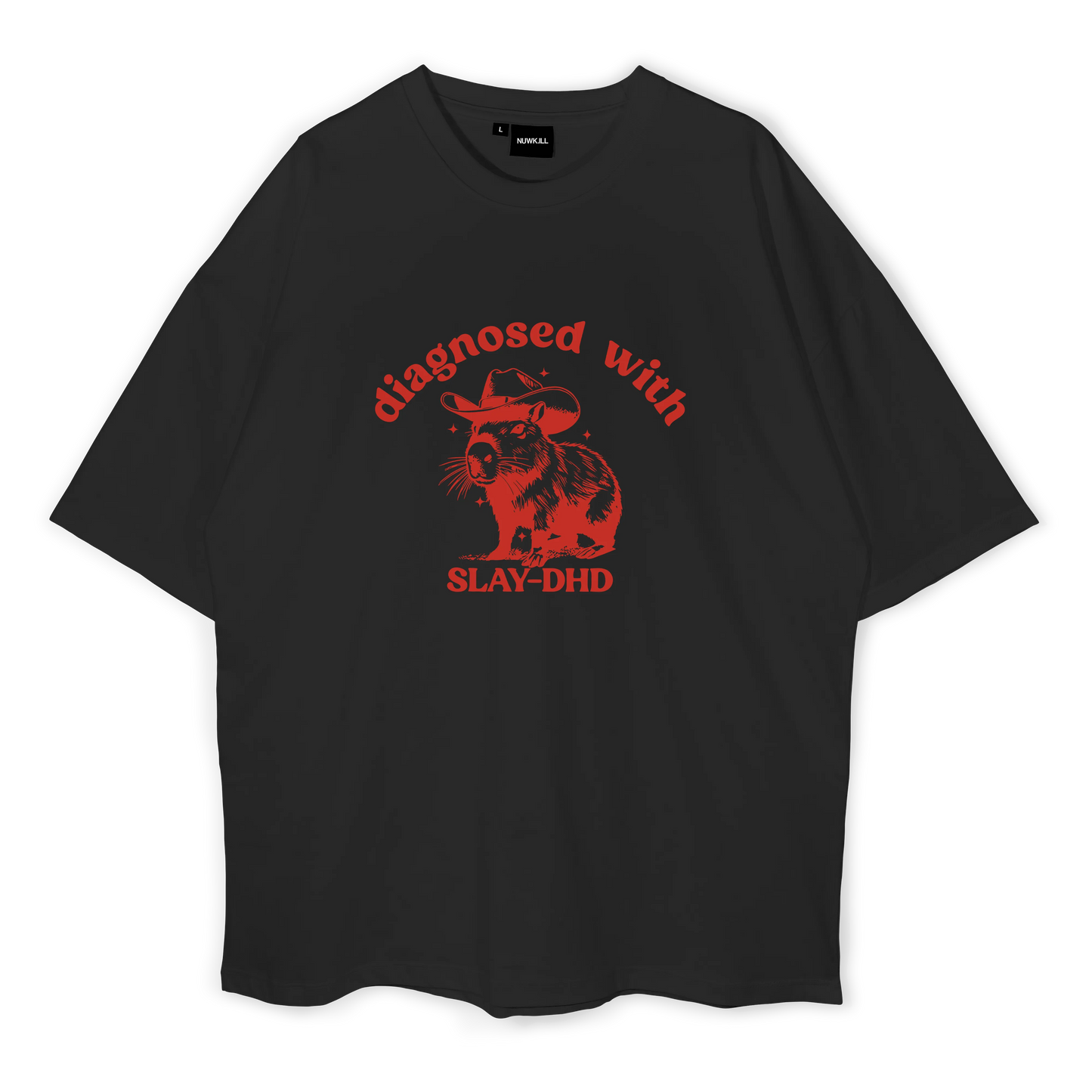 Black t-shirt with red graphic and text on a white background