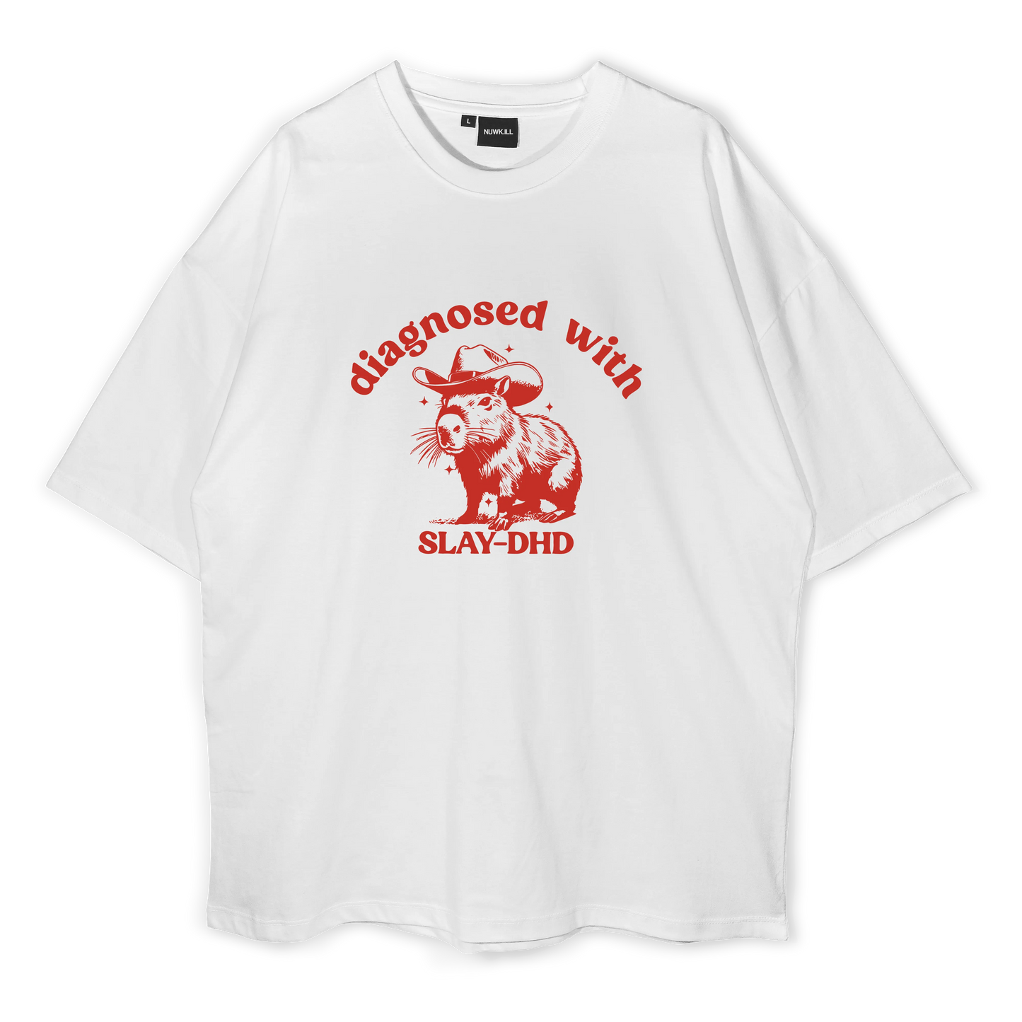 White t-shirt with red graphic and text on a white background
