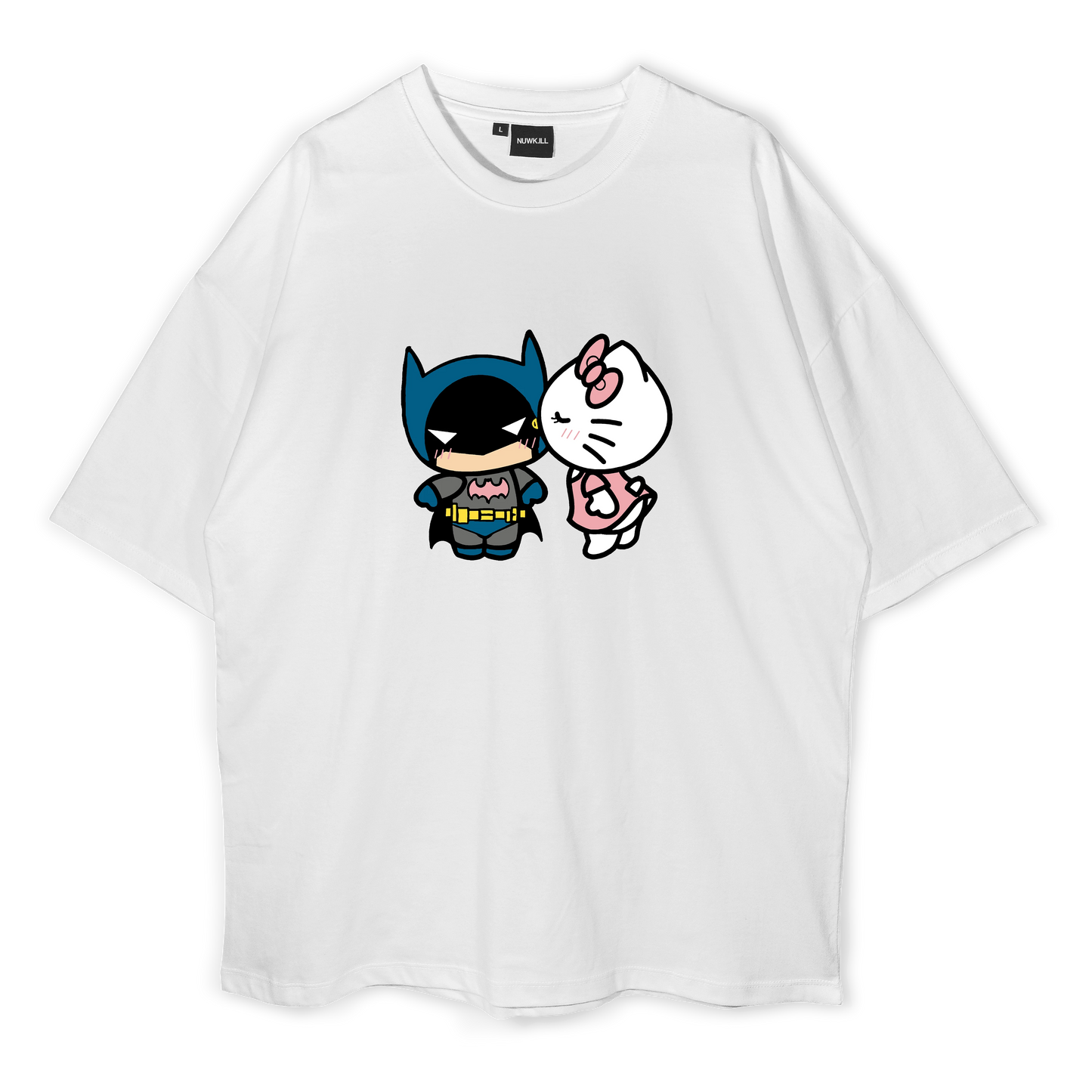 Black oversized t-shirt with cartoon character designs of Batman and Hello Kitty on the front.