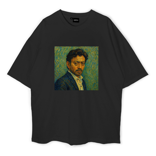 An oversized black t-shirt featuring a front print of a man's portrait in vibrant colors, inspired by Vincent van Gogh's style.