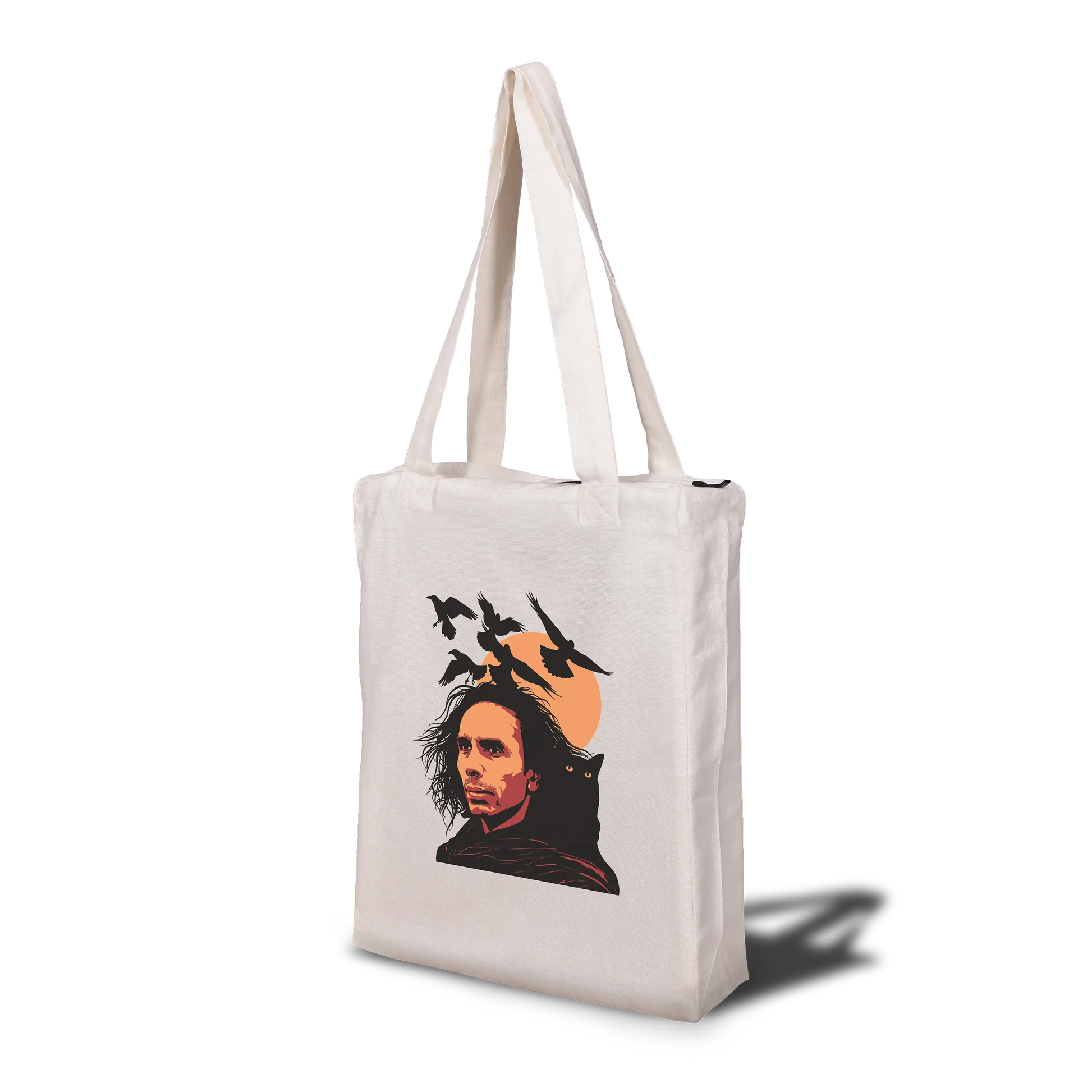 A tote bag with a graphic print of a person and ravens on a beige background.