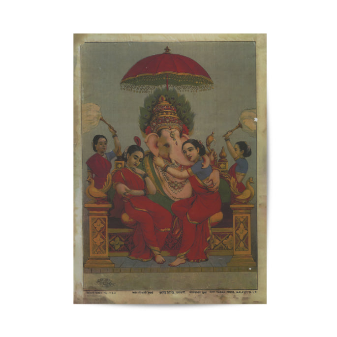 Lord Ganesh with his wives Riddhi and Siddhi Vintage Mythology Poster & Framed Print - Nukkad Studios