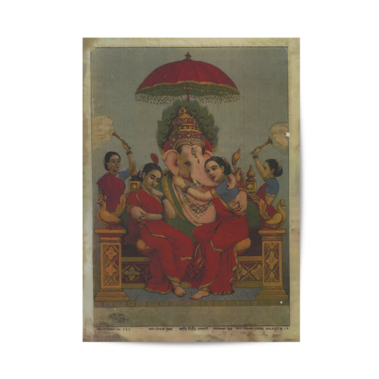 Lord Ganesh with his wives Riddhi and Siddhi Vintage Mythology Poster & Framed Print - Nukkad Studios