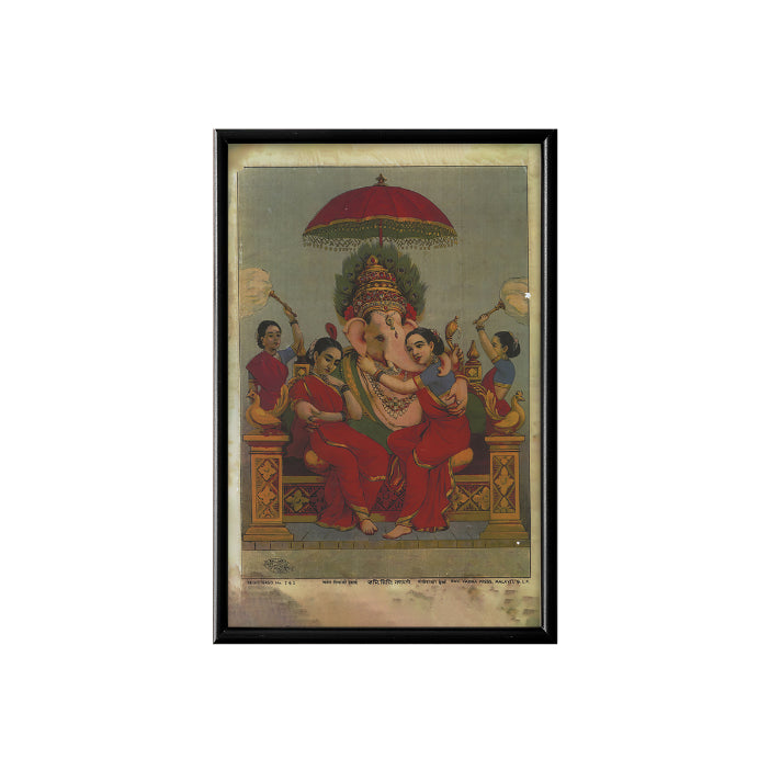 Lord Ganesh with his wives Riddhi and Siddhi Vintage Mythology Poster & Framed Print - Nukkad Studios
