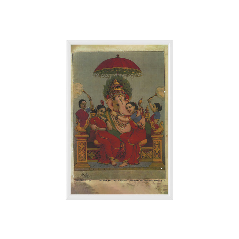 Lord Ganesh with his wives Riddhi and Siddhi Vintage Mythology Poster & Framed Print - Nukkad Studios