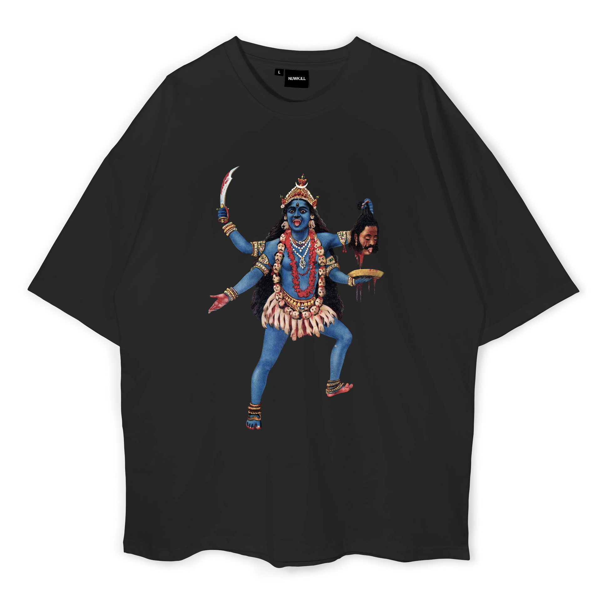 Black oversized t-shirt with a graphic print of a traditional Indian figure