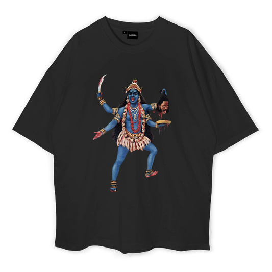 Black oversized t-shirt with a graphic print of a traditional Indian figure