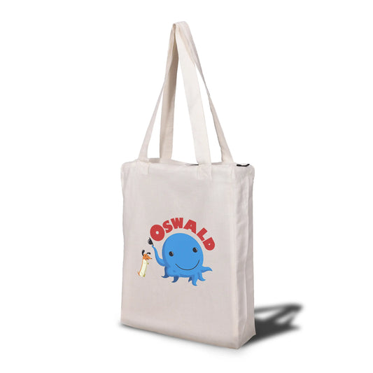 A beige tote bag with a character illustration and the text 'Oswald' on the front.