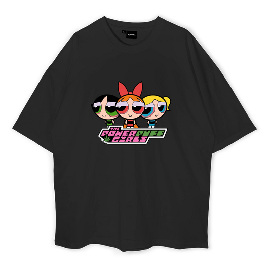 Black t-shirt with Powerpuff Girls graphic on a white background