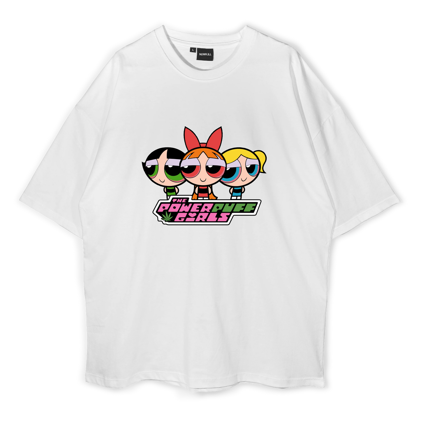 White t-shirt with Powerpuff Girls graphic on a white background