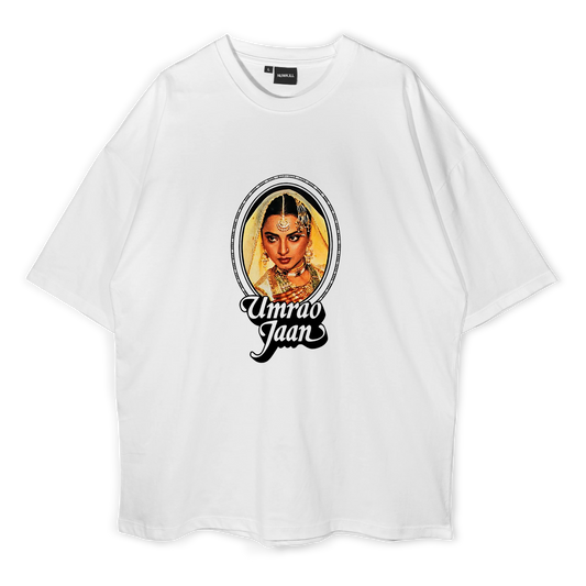 White t-shirt with 'Umrao Jaan' graphic design on a white background