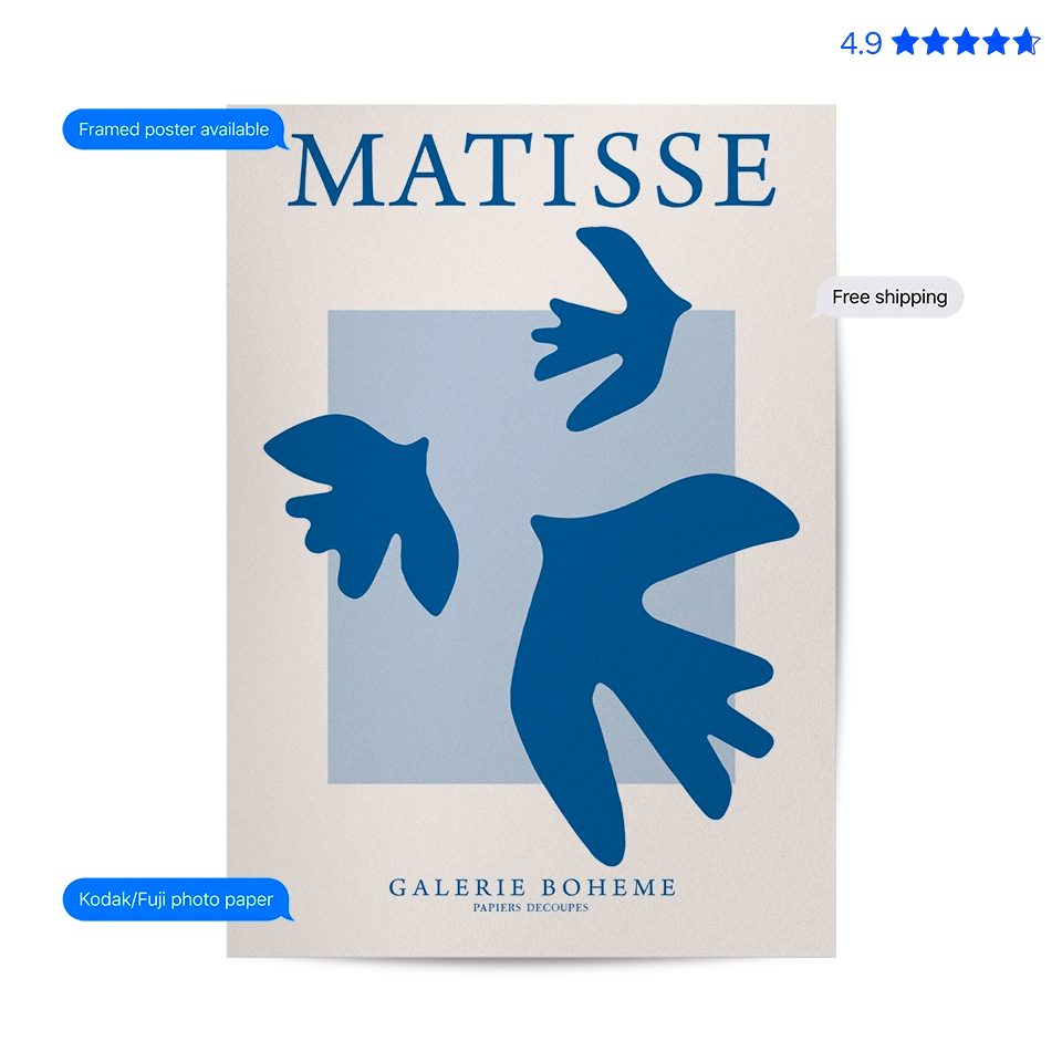 Matisse Doves — Cut-Out Art Print Blue Poster & Framed Print
