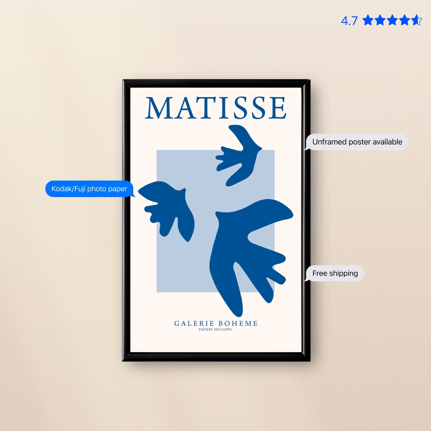 Matisse Doves — Cut-Out Art Print Blue Poster & Framed Print