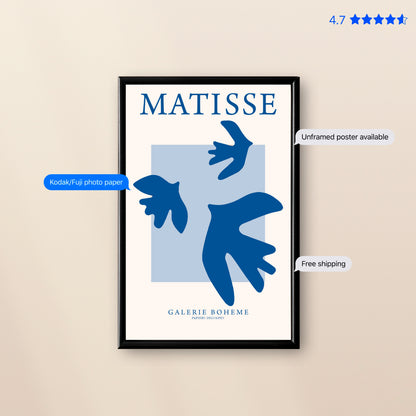 Matisse Doves — Cut-Out Art Print Blue Poster & Framed Print