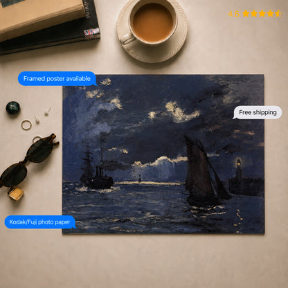 A Seascape Shipping by Moonlight by Monet Poster & Framed Print