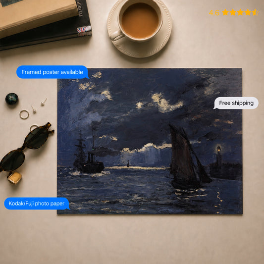 A Seascape Shipping by Moonlight by Monet Poster & Framed Print