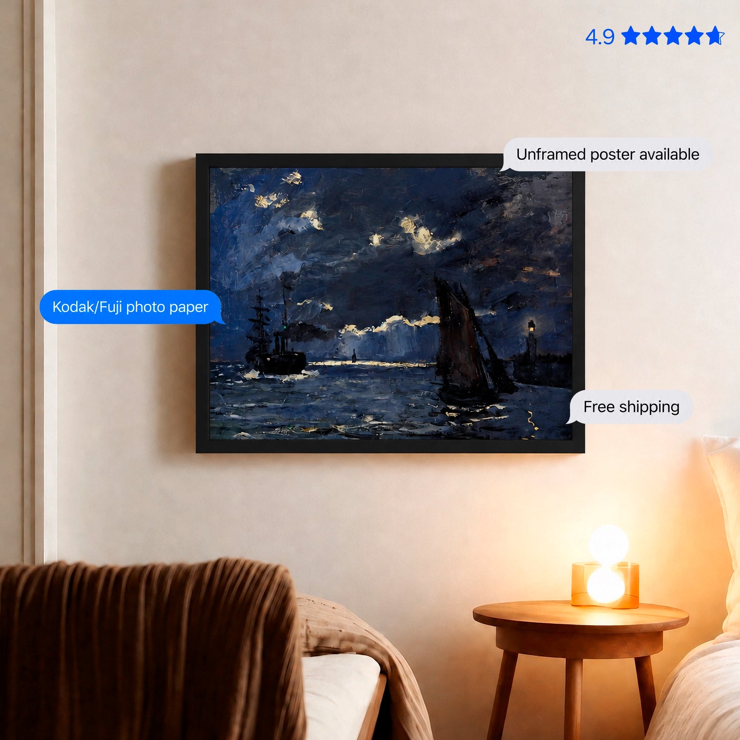 A Seascape Shipping by Moonlight by Monet Poster & Framed Print