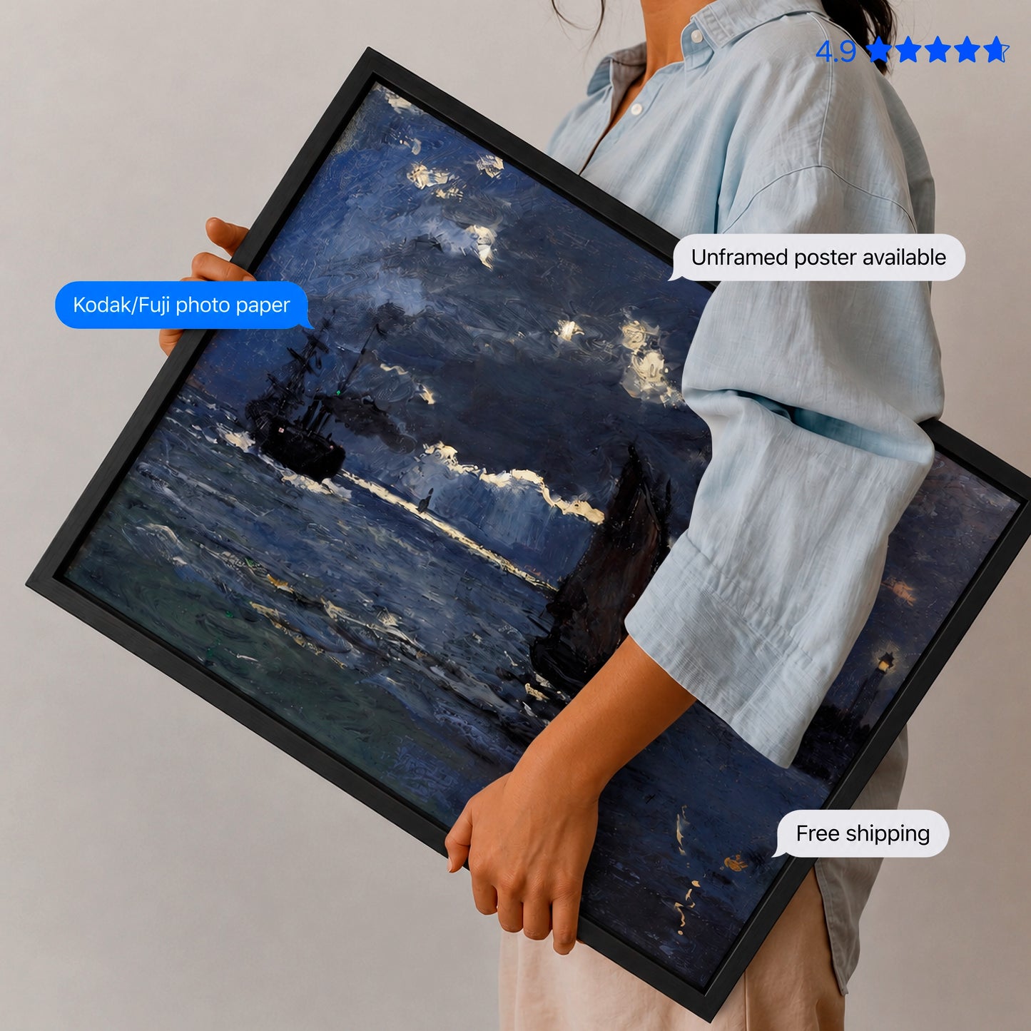 A Seascape Shipping by Moonlight by Monet Poster & Framed Print