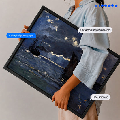 A Seascape Shipping by Moonlight by Monet Poster & Framed Print