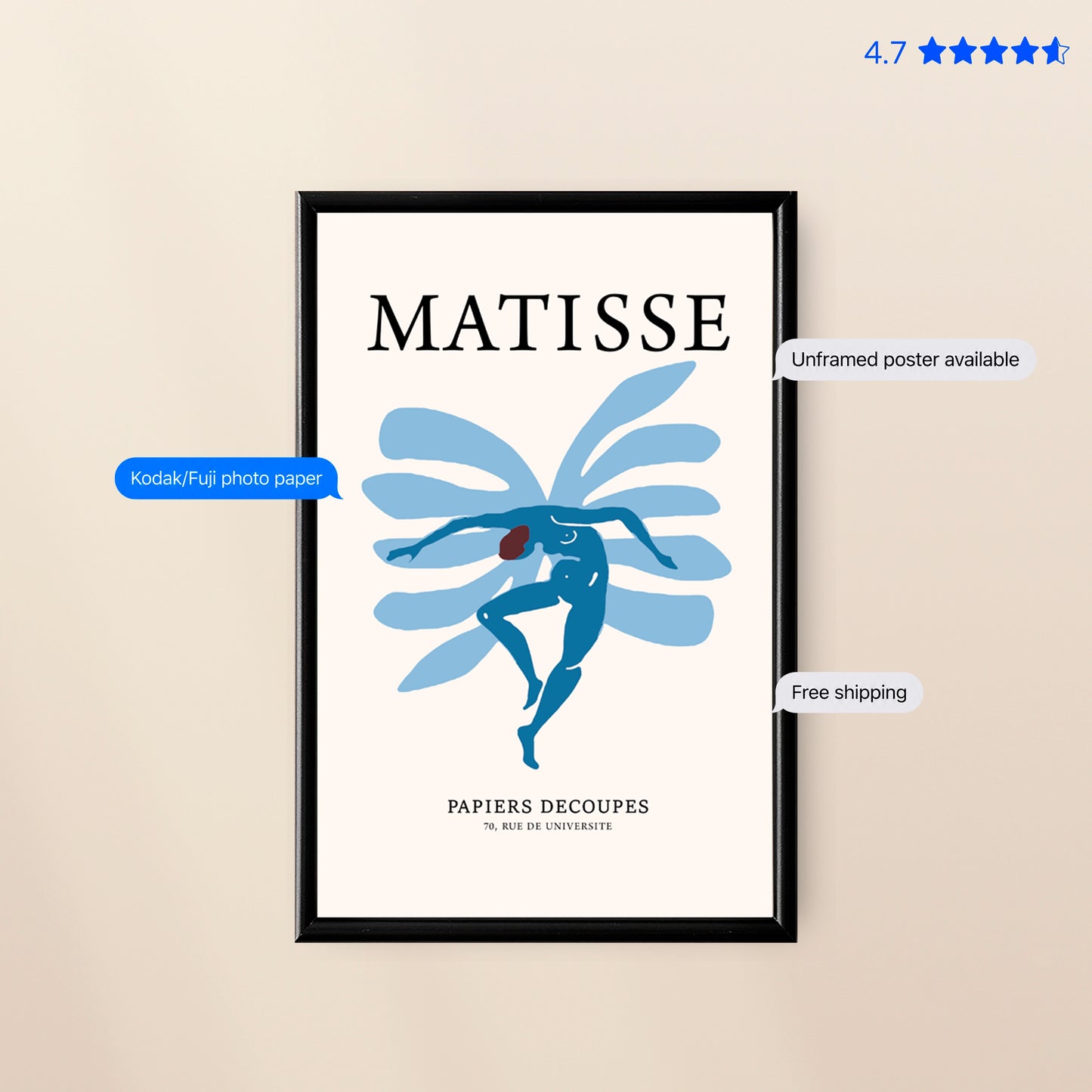 Matisse Jazz Figure — Cut-Out Art Blue Poster & Framed Print