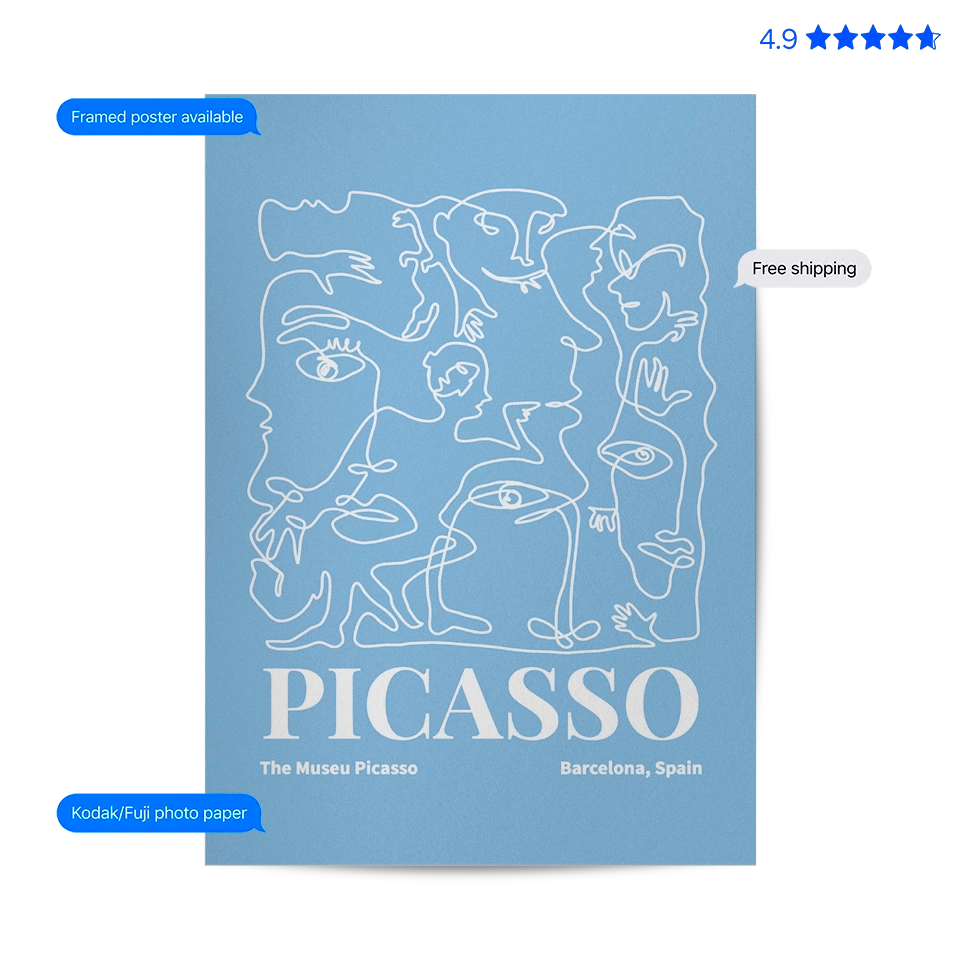 Picasso Faces — Line Art Print Blue Poster & Framed Print