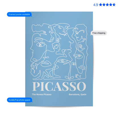 Picasso Faces — Line Art Print Blue Poster & Framed Print