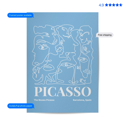 Picasso Faces — Line Art Print Blue Poster & Framed Print