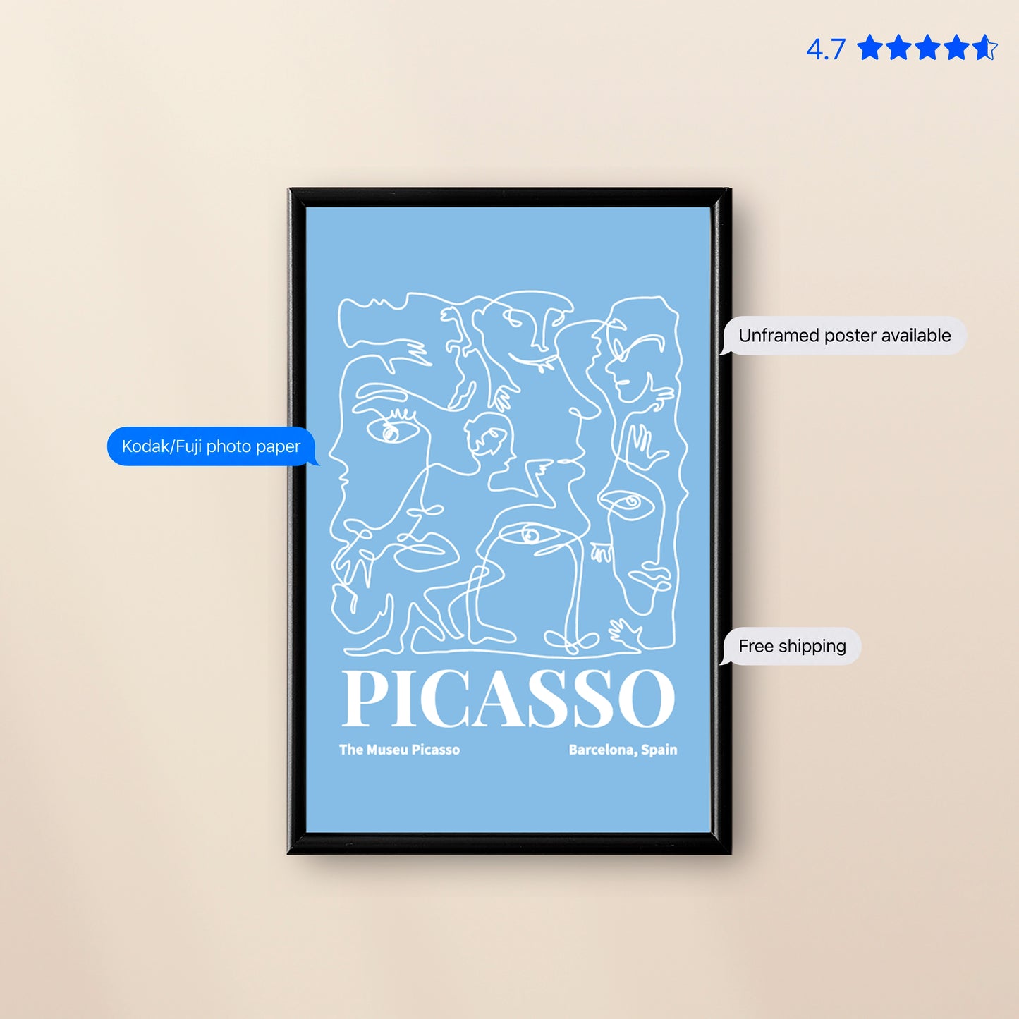 Picasso Faces — Line Art Print Blue Poster & Framed Print