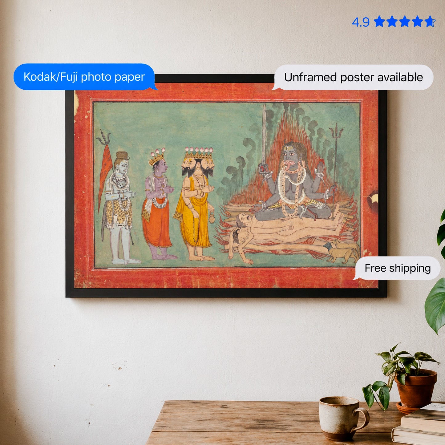 Shiva, Vishnu, and Brahma Adoring Kali Vintage Poster & Framed Print