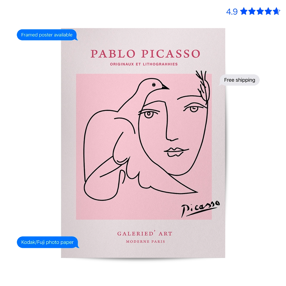 Picasso Dove & Face — Line Art Print Pink Poster & Framed Print
