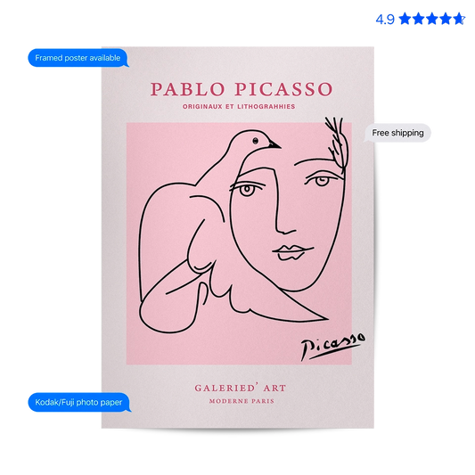 Picasso Dove & Face — Line Art Print Pink Poster & Framed Print