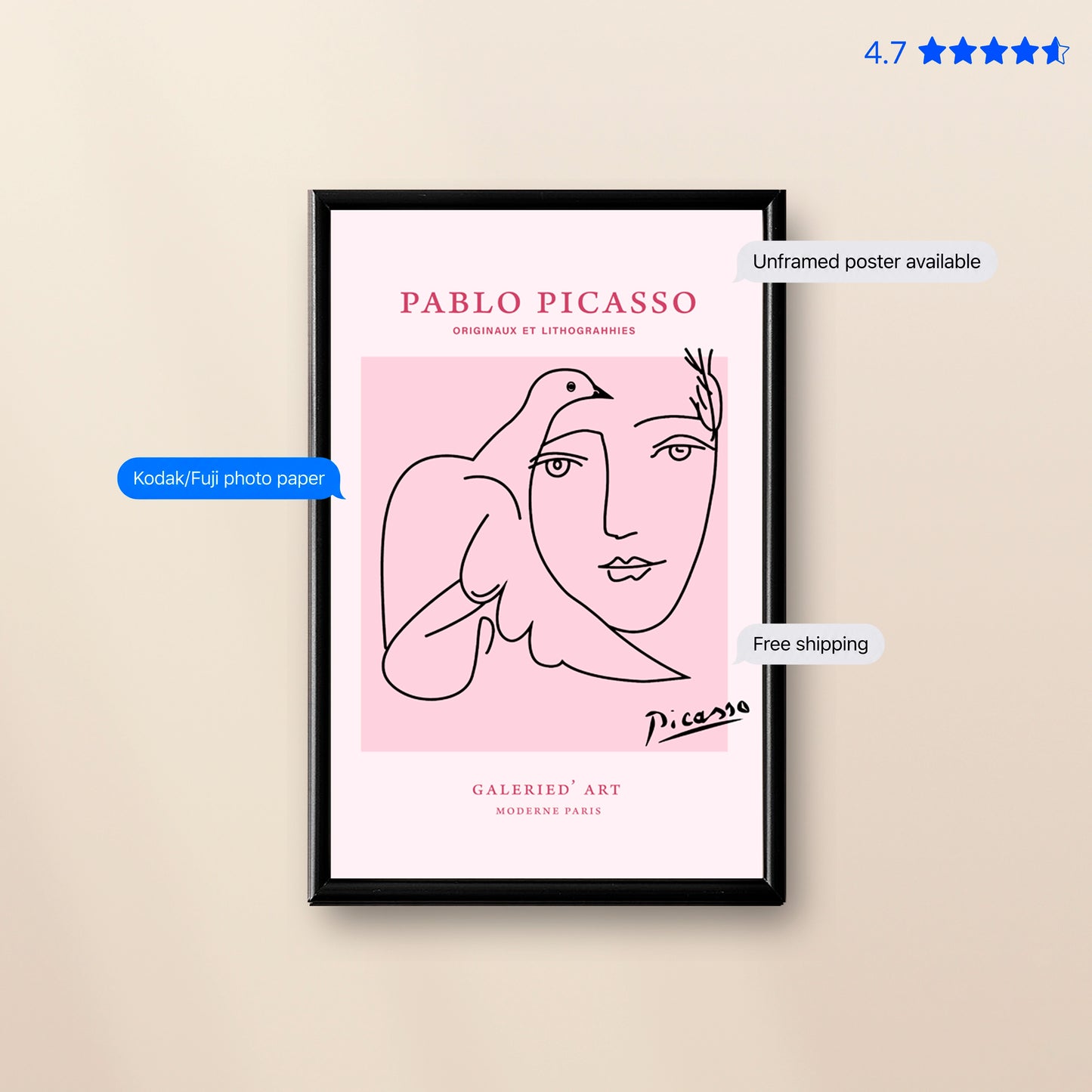 Picasso Dove & Face — Line Art Print Pink Poster & Framed Print