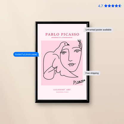 Picasso Dove & Face — Line Art Print Pink Poster & Framed Print
