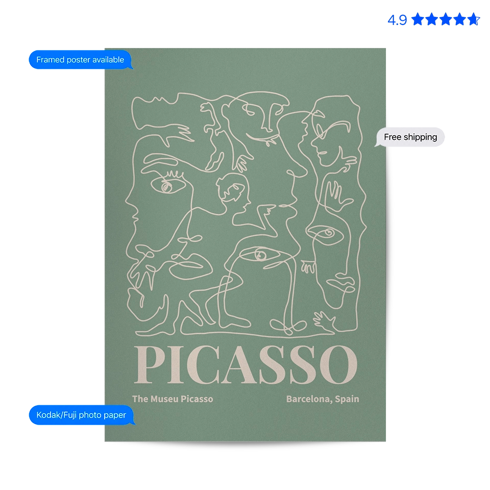 Picasso Faces — Line Art Print Green Poster & Framed Print