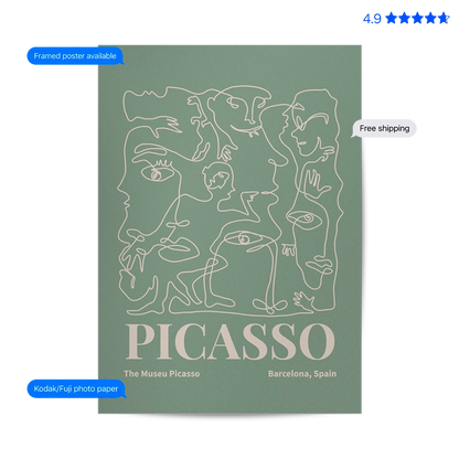Picasso Faces — Line Art Print Green Poster & Framed Print