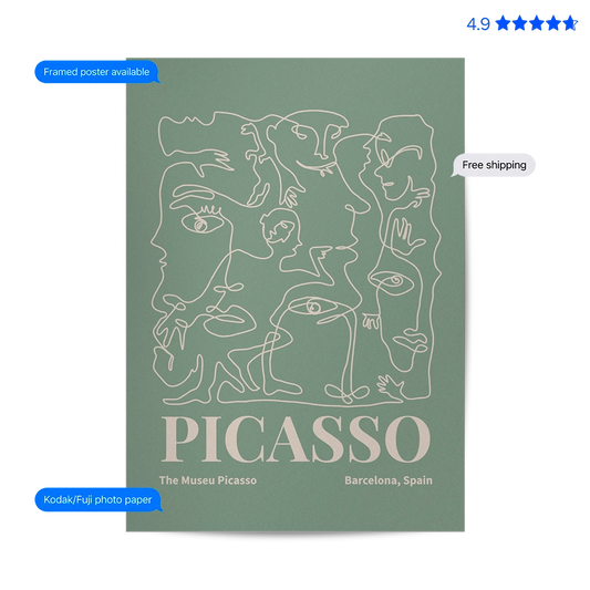 Picasso Faces — Line Art Print Green Poster & Framed Print