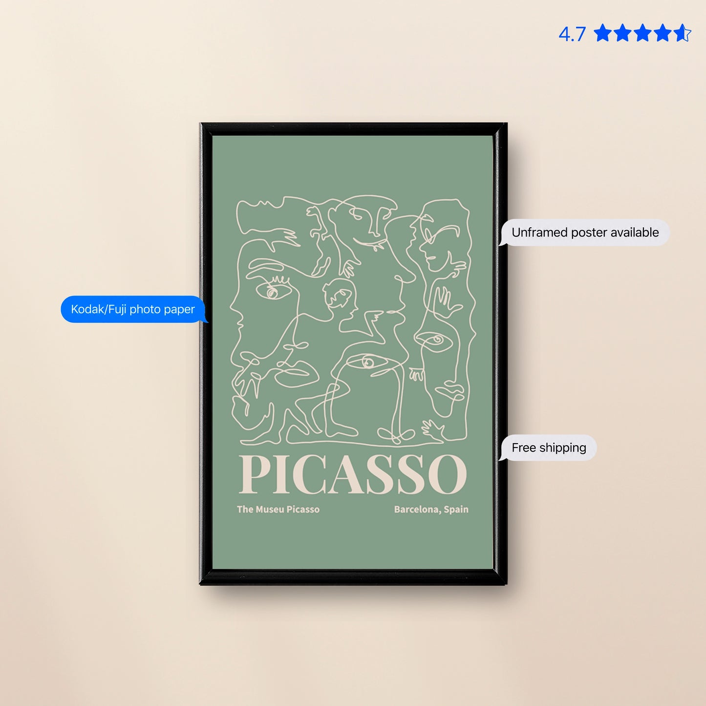 Picasso Faces — Line Art Print Green Poster & Framed Print