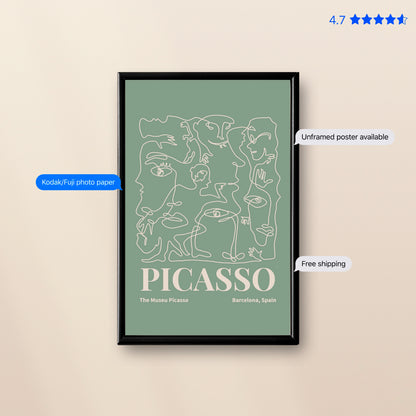 Picasso Faces — Line Art Print Green Poster & Framed Print