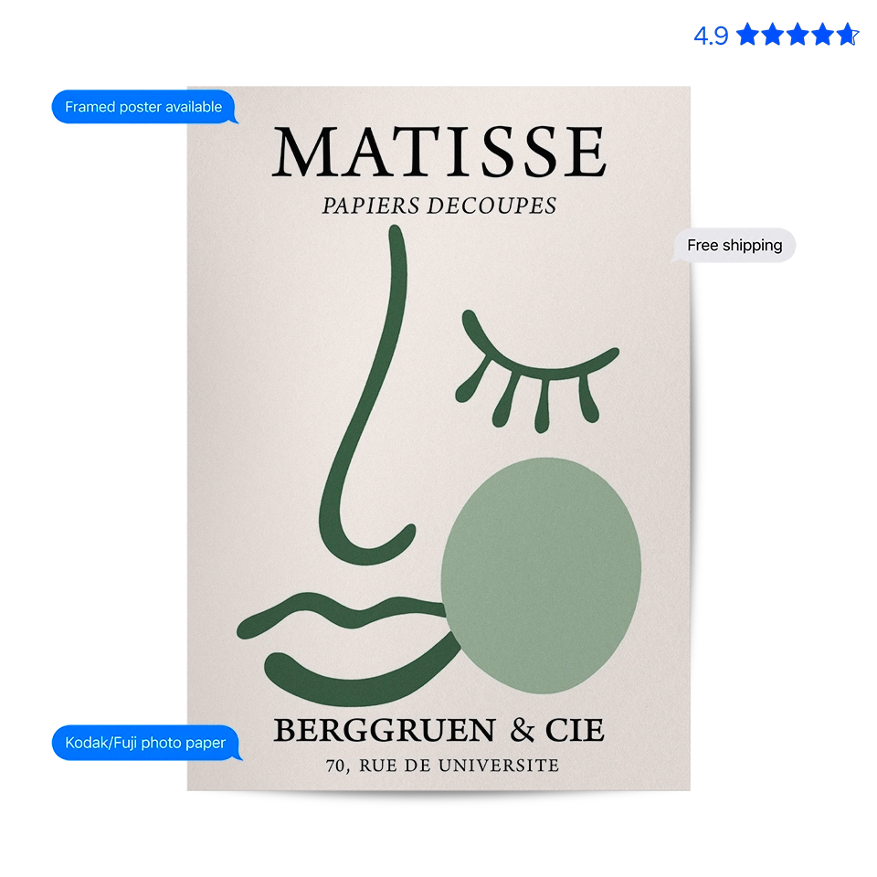 Matisse Face — Line Art Print Green Poster & Framed Print
