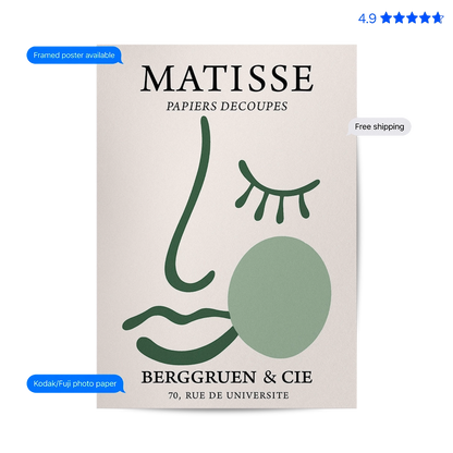 Matisse Face — Line Art Print Green Poster & Framed Print
