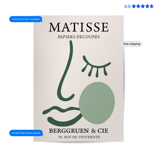 Matisse Face — Line Art Print Green Poster & Framed Print