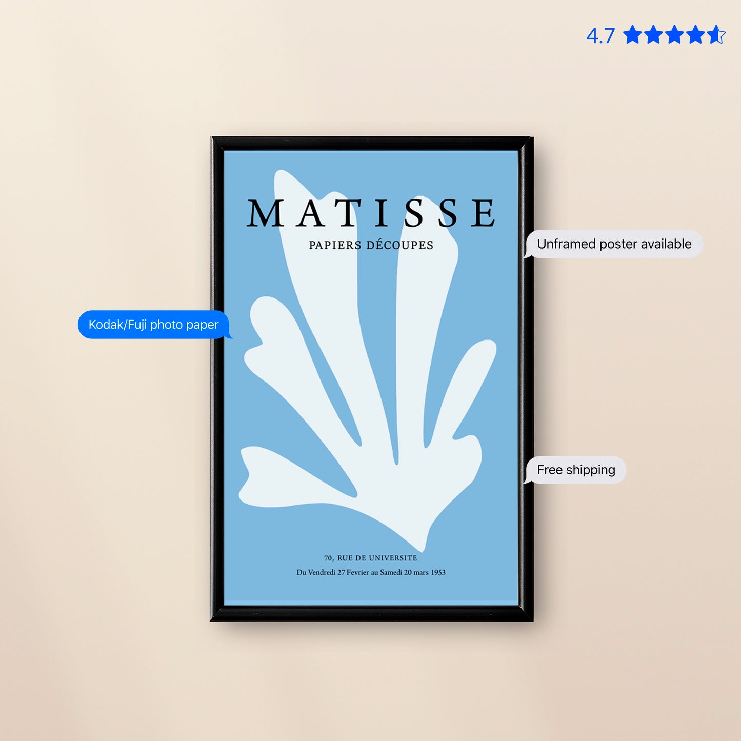 Matisse Leaf — Cut-Out Art Print Blue Poster & Framed Print