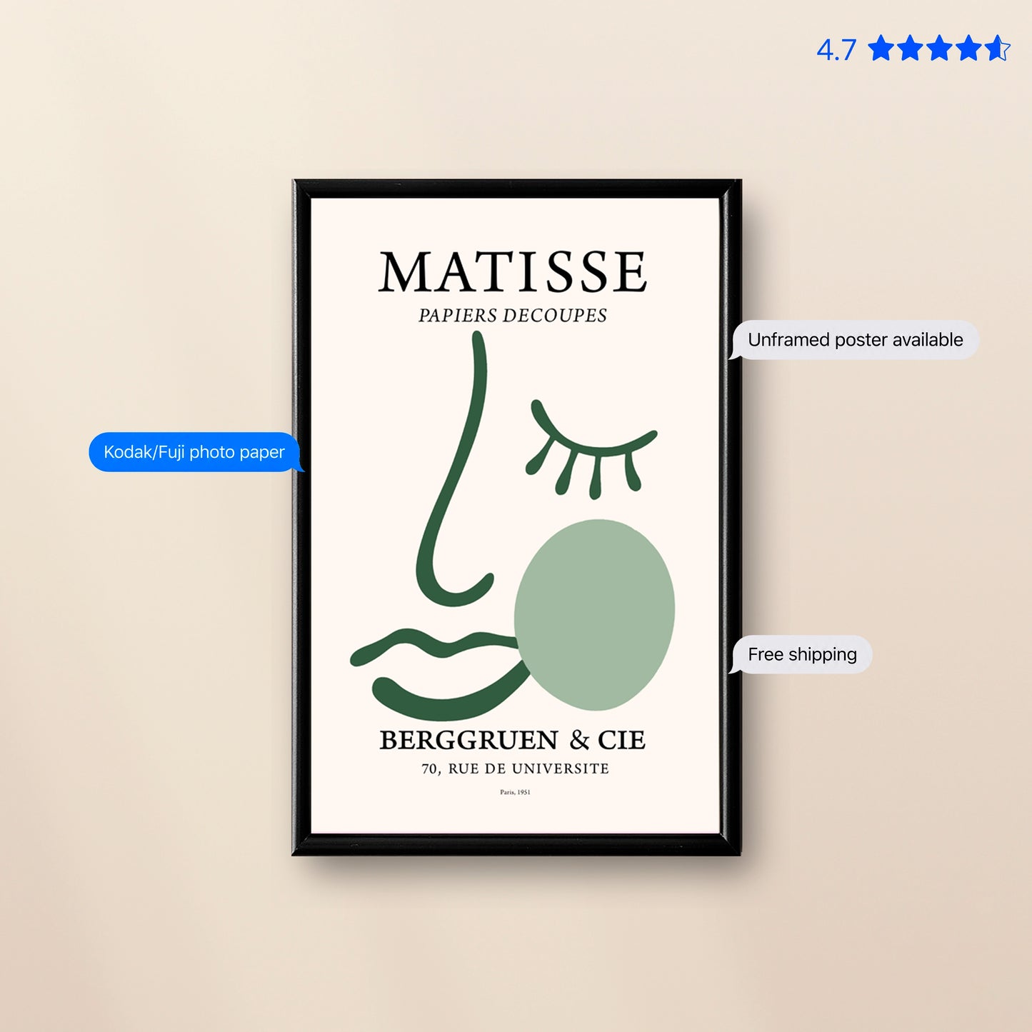 Matisse Face — Line Art Print Green Poster & Framed Print