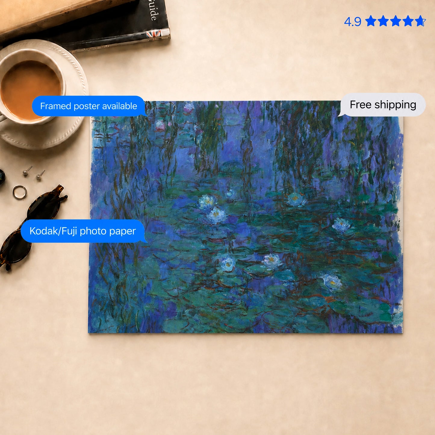 Waterlilies Blue Water-Lilies by Monet Poster & Framed Print